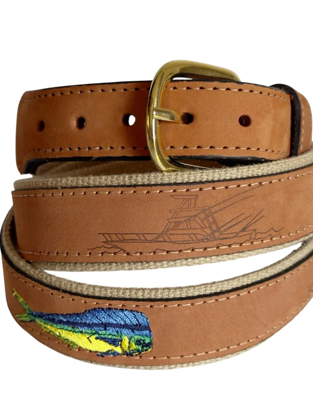 Zep-Pro Dolphin Mahi-Mahi Embroidered Nubuck Tan Leather Men’s 46 Belt USA